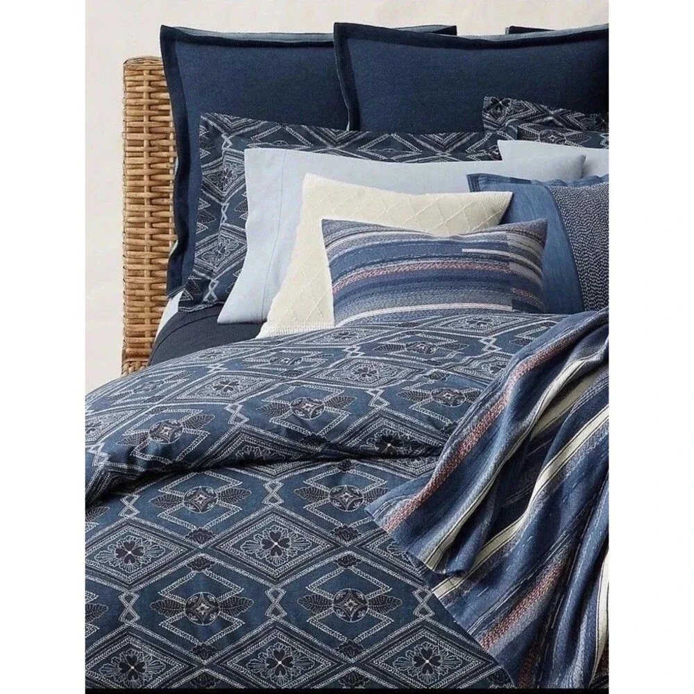Ralph Lauren Francois Full Queen Duvet Cover Navy Blue Geometric Cotton NIP